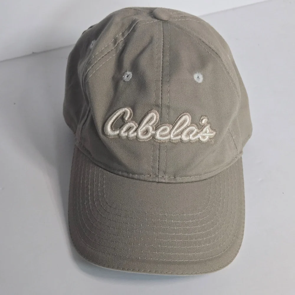 Cabelas Mens Khaki Tan Script Logo Adjustable Strapback Baseball Hat Cap OSFM